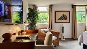 a living room with a couch and a table and a tv at Casa Tamayo in Mexico City