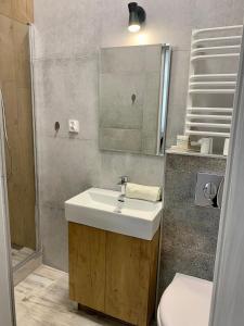 a bathroom with a sink and a toilet and a mirror at Apartament Pod Haffnerem in Sopot