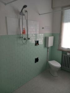 La salle de bains est pourvue d'une douche et de toilettes. dans l'établissement Ampio appartamento per 4/6 pers, à Cesenatico