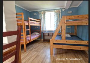 a room with two bunk beds and a window at Kobbar & Skär Vandrarhem in Ellös