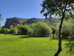 a field with a fence and a mountain in the background at Mirador del Oja in Ezcaray