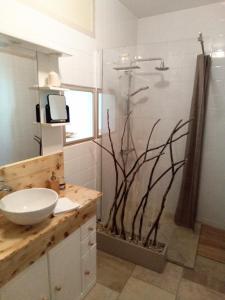 La salle de bains est pourvue d'un lavabo et d'une douche. dans l'établissement L'instant..., à Marolles-sous-Lignières