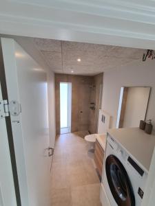 a bathroom with a washer and a washing machine at Brand new apartment with stunning skyline views in Tórshavn