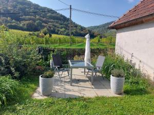 einen Tisch und Stühle auf einer Terrasse im Hof in der Unterkunft Ferienhaus in der Wachau in Rossatzbach