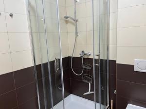 um chuveiro com uma porta de vidro na casa de banho em Dream in Sibenik em Šibenik