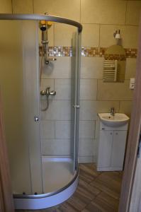a bathroom with a shower and a sink at Aris Pokoje Gościnne in Wojnicz