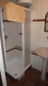 a shower with a glass door next to a sink at Ranch Eden, Jeseník in Jeseník