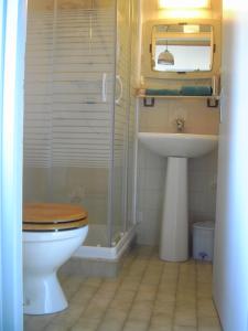 uma casa de banho com um WC, um lavatório e um chuveiro em L'Isle de Bourbon em Le Gué-de-Velluire