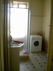 a bathroom with a sink and a washing machine at L'Isle de Bourbon in Le Gué-de-Velluire