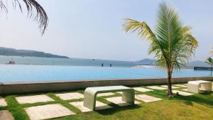 a palm tree and a bench next to a swimming pool at Private Corner Stay! Ocean-View, Walk to Jetty & Food Spots-Mango House1 in Kota Kinabalu