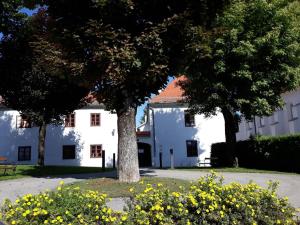 a white building with two trees and yellow flowers at Lounge-Style-Hostel in Sankt Veit an der Glan