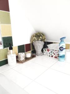 a counter with a vase and other items on it at Summerside Apartman Harkány in Harkány