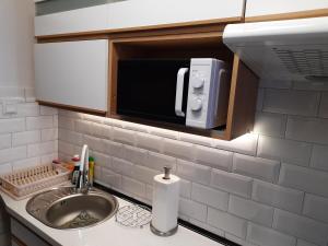 a kitchen counter with a sink and a microwave at Apartments Anagora I in Rijeka