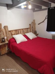 1 dormitorio con 1 cama roja y 2 almohadas blancas en Chalet Etxola, en Ens