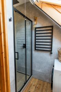 une porte de douche en verre dans une petite maison dans l'établissement Powidzka Ostoja, à Salamonowo