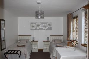 a bedroom with two beds and a chandelier at Langdale Lodge in Lincoln