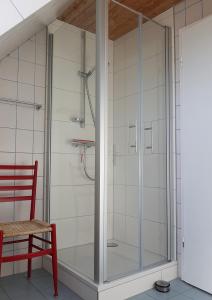 a glass shower in a bathroom with a red chair at Birkenhof Neuharlingersiel in Neuharlingersiel