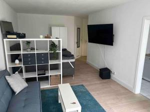 Wunderschöne 1-Zimmer Wohnung في فيسبادن: غرفة معيشة مع أريكة وتلفزيون