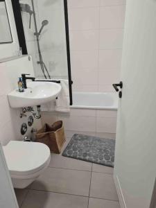 La salle de bains est pourvue d'un lavabo, de toilettes et d'une douche. dans l'établissement Wunderschöne 1-Zimmer Wohnung, à Wiesbaden