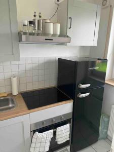 Wunderschöne 1-Zimmer Wohnung في فيسبادن: مطبخ مع ثلاجة سوداء ومغسلة