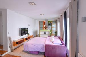 sypialnia z fioletowym łóżkiem i telewizorem w obiekcie Loft hyper centre Vincennes RER a 5 mn freePark w mieście Vincennes