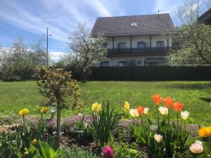 un jardin de fleurs devant une maison dans l'établissement Frühstückspension Fini, à Unterburg am Klopeiner See