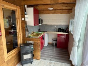 una pequeña cocina con fregadero y armarios rojos en Chalet Chevreuil avec piscine privée, en Lucéram
