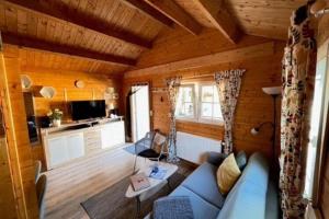 a living room with a blue couch in a cabin at Holiday home, Plau am See in Plau am See