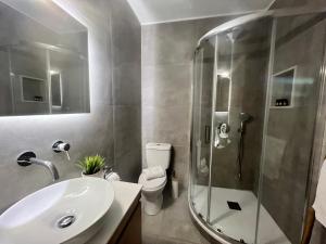 ein Bad mit einer Dusche, einem Waschbecken und einem WC in der Unterkunft Tramontana House1 in Skiathos-Stadt