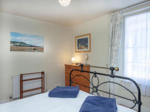 Un dormitorio con una cama con almohadas azules. en Tillerman Cottage appledore Devon, en Appledore