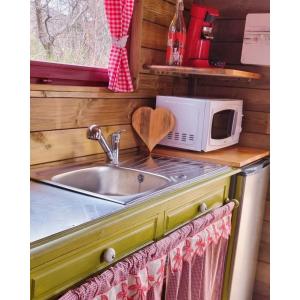 een keuken met een wastafel en een magnetron bij La roulotte rose rouge in Valgorge