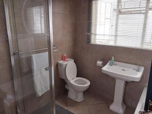 a bathroom with a toilet and a sink and a shower at The Guesthouse Klerksdorp in Klerksdorp