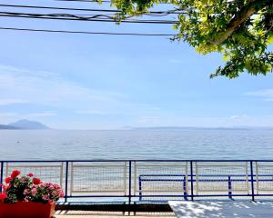 a view of the ocean with a bench and flowers at Αγκυροβόλιο in Ilia