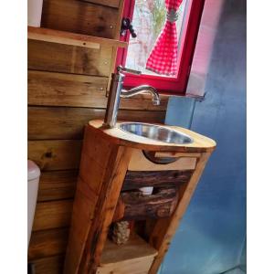 een badkamer met een wastafel in een tiny house bij La roulotte rose rouge in Valgorge
