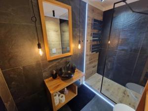 een badkamer met een wastafel en een douche bij Apartament Helenka in Hajnówka