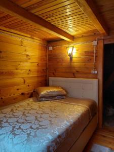 a bedroom with a bed in a wooden cabin at MEVA APART in Rize