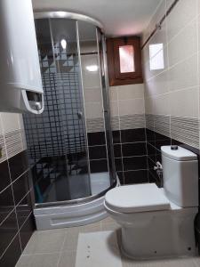 a small bathroom with a toilet and a shower at MEVA APART in Rize