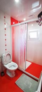 a bathroom with a toilet and a shower at Rose valley guest house in Kazanlŭk