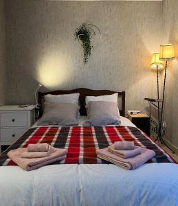 - une chambre avec un lit et des serviettes dans l'établissement Le Clos du Chateau Rouge 3* avec Parking securisé, à Annemasse