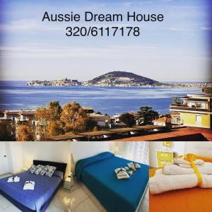 a collage of pictures of a bedroom with a view of the ocean at Aussie Dream House in Formia
