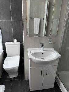 a white bathroom with a toilet and a sink at Hadleigh Hotel in Eastbourne
