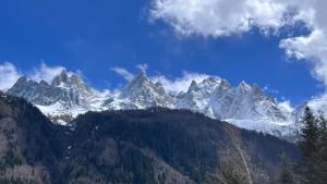 een uitzicht op een bergketen met besneeuwde bergen bij Le 41 du Lyret - Appartement type studio pour deux avec vue sur les Aiguilles dans Chamonix Centre in Chamonix-Mont-Blanc