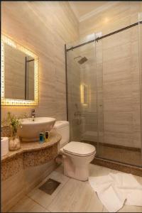 een badkamer met een toilet, een wastafel en een douche bij NEW CITY VIEW in Caïro