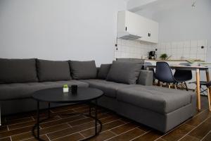 a living room with a gray couch and a table at Ολόκληρο Διαμέρισμα η Βυσσινιά in Kotrónion