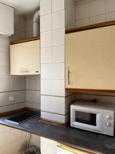 una cocina con microondas en una encimera en Apartamentos Olano C.B., en Madrid