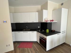 una cucina con armadi bianchi e un tappeto rosso di Appartamento Lago a Ponte Caffaro