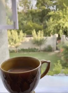 斯利那加的住宿－Ashai Villa Studio Apartment in Srinagar，坐在窗台上喝杯咖啡