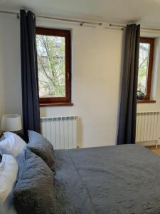 um quarto com uma cama e duas janelas em Cozy apartment near city center em Bucareste
