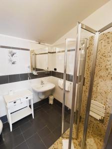 La salle de bains est pourvue d'un lavabo et d'une douche. dans l'établissement Alle Porte, à Riva del Garda
