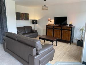 ein Wohnzimmer mit einem Sofa und einem Flachbild-TV in der Unterkunft Petite maison dans la prairie in La Pellerine